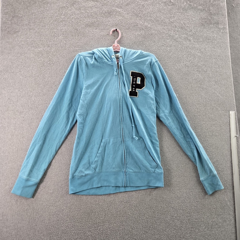 Victoria's Secret PINK Women Hoodie‎ L/G Blue Embroidered Graphic Logo Varsity